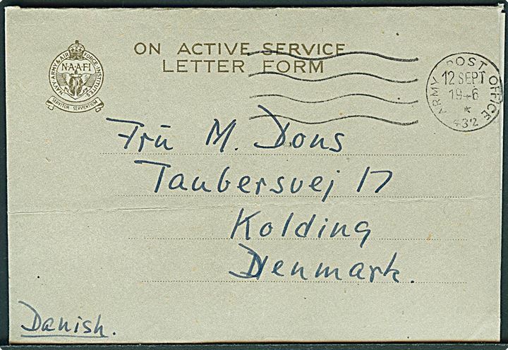 Ufrankeret OAS Letter form stemplet Army Post Office 432 (= Hamburg) d. 12.9.1946 til Kolding, Danmark. Fra dansk kvindelig postcensor ved No. 3 District Censorship Station, B.A.O.R.