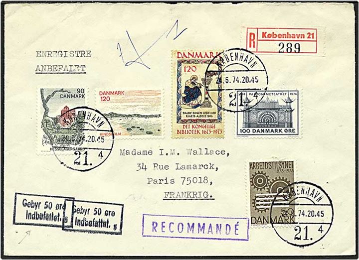 4,40 kr. porto på Rec. brev fra København d. 24.6.1974 til Paris, Frankrig. Rammestempel Gebyr 50 øre indbefattet.