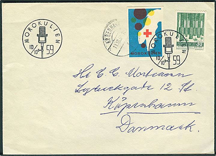 30 öre Domänverket og Røde Kors Morokulien mærkat på brev annulleret med særstempel Morokulien d. 10.10.1959 til København, Danmark.