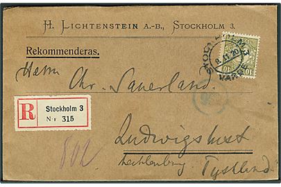 40 öre Gustaf single på anbefalet brev fra Stockholm d. 9.11.1920 til Ludwigslust, Tyskland.