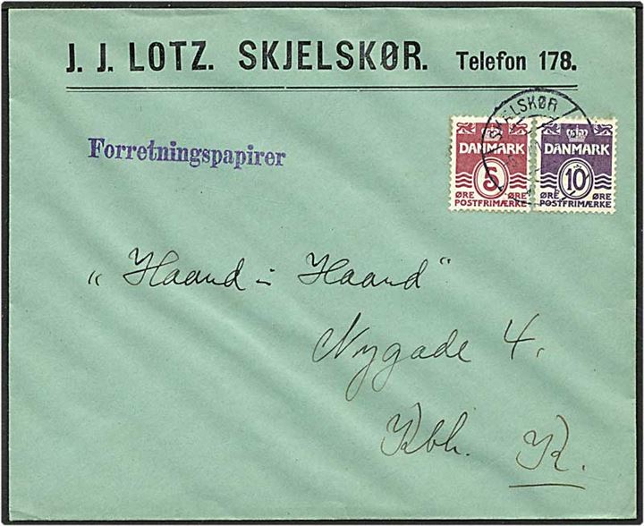 5 øre vinrød og 10 øre violet bølgelinie på brev med forretningspapirer fra Skælskør d. 5.6.1941 til København.