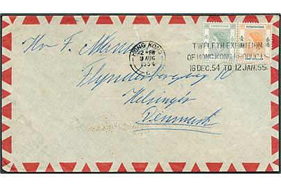 30 c. og 1$ Elizabeth på luftpostbrev fra Hong Kong d. 9.8.1954 til Helsingør, Danmark.