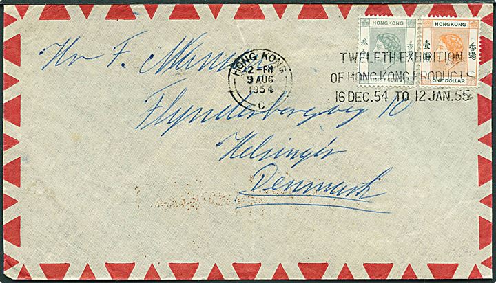 30 c. og 1$ Elizabeth på luftpostbrev fra Hong Kong d. 9.8.1954 til Helsingør, Danmark.