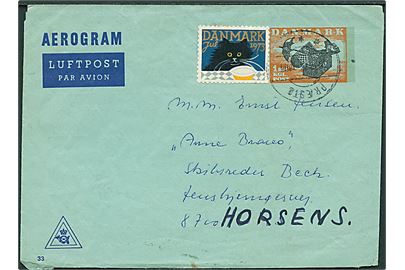 1 kr. helsags aerogram (fabr. 33) med Julemærke 1973 fra Præstø d. 10.12.1973 til Horsens. 