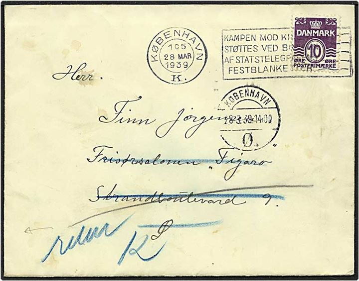 10 øre violet bølgelinie på lokalt sendt brev fra København d. 28.3.1939. Adressaten flyttet, og returneret.