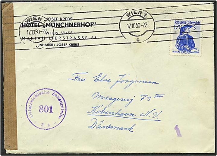 170 shilling blå på brev fra Wien, Østrig, d. 17.10.1950 til København. Allieret efterkrigs censur.