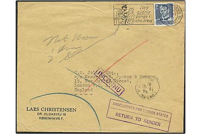 50 øre mørkeblå Fr. IX på brev fra København d. 13.8.1951 til London, England. Brevet er returneret.