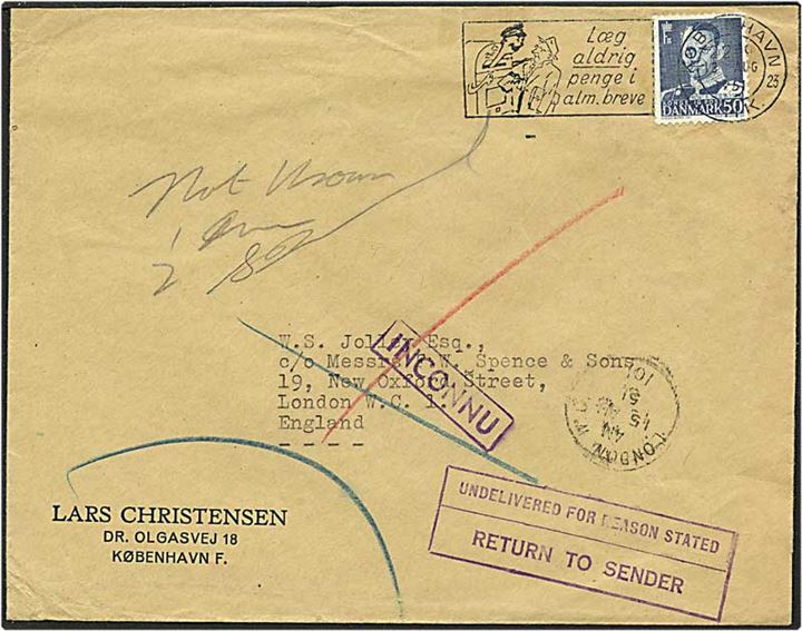 50 øre mørkeblå Fr. IX på brev fra København d. 13.8.1951 til London, England. Brevet er returneret.