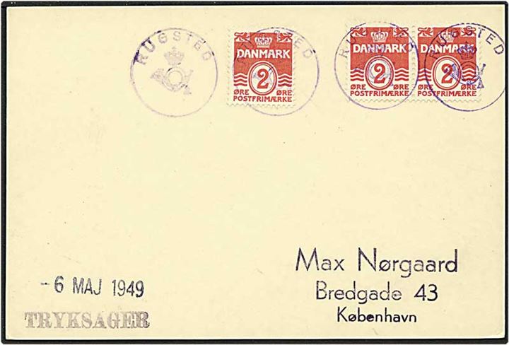 2 øre rød bølgelinie på kort fra Rugsted d. 6.5.1949 til København. Rugsted posthornsstempel.