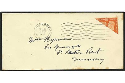 Halveret 2 pence orange på lokalt sendt brev fra Guernsey d. 3.2.1940.