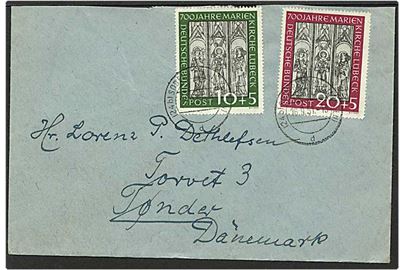10+5 og 20+5 pfennig Marien Kirche på brev fra Süderbrarup, Tyskland, d. 16.9.1951 til Tønder. Korrekt frankeret brev.