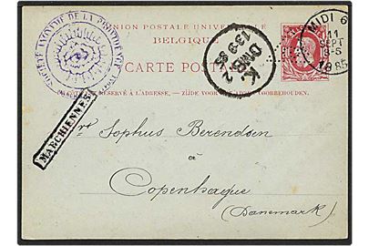 Enkeltbrevkort fra Midi, Belgien, d. 11.9.1885 til København. Helsagen med perfin.