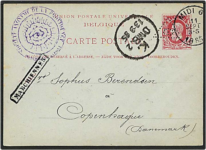 Enkeltbrevkort fra Midi, Belgien, d. 11.9.1885 til København. Helsagen med perfin.