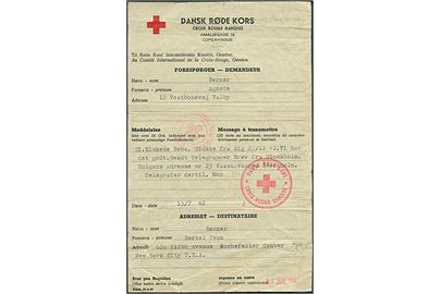 Dansk Røde Kors formular (Form. III-4-42) med meddelelse fra København d. 13.7.1942 til New York, USA. Stempler fra Dansk Røde Kors i København og Internationalt Røde Kors i Geneve. Uden kuvert.