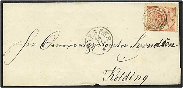 4 skilling rød krone/scepter på brev fra Horsens d. 14.11.18xx til Kolding.