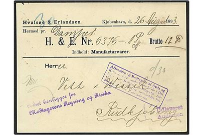 Dampskibs meddelelse fra København d. 26.8.1893 til Rudkøbing.