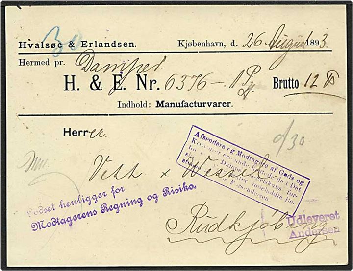 Dampskibs meddelelse fra København d. 26.8.1893 til Rudkøbing.