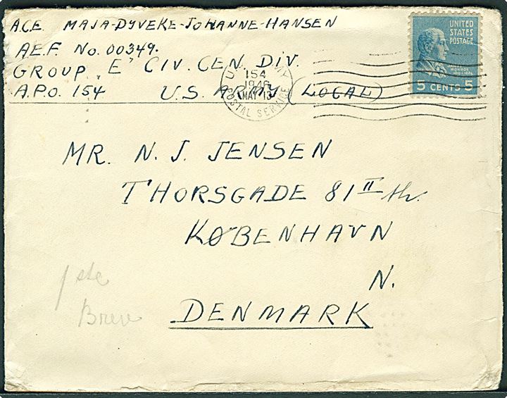 Amerikansk 5 cents på brev stemplet U.S.Army Postal Service APO 154 (= Stuttgart) d. 13.5.1946 til København. Fra dansk kvindelig postcensor ved Group E, Civil Censorship Division.