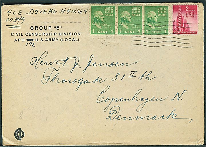 Amerikansk 5 cents på fortrykt kuvert stemplet U.S.Army A.P.O. 172 (= Esslingen, Tyskland) d. 18.11.1946 til København. Fra dansk kvindelig postcensor ved Group E, Civil Censorship Division.