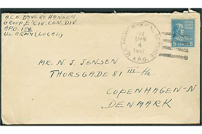 Amerikansk 5 cents på brev stemplet U.S.Army Postal Service APO 172 (= Esslingen) d. 4.3.1947 til København. Fra dansk kvindelig postcensor ved Group E Civil Censorship Division.