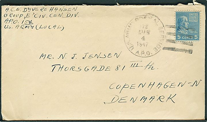 Amerikansk 5 cents på brev stemplet U.S.Army Postal Service APO 172 (= Esslingen) d. 4.3.1947 til København. Fra dansk kvindelig postcensor ved Group E Civil Censorship Division.