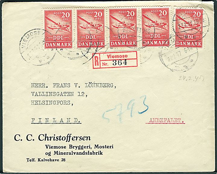 20 øre DDL (5) på anbefalet brev stemplet brotype IIc Viemose d. 27.2.1947 til Helsingfors, Finland.