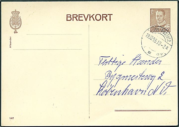 20 øre Fr. IX helsagsbrevkort (fabr. 187) fra Fredericia annulleret med brotype IIc JBR-POSTKT.2 sn4 d. 19.10.1955 til København.