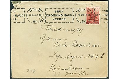 20 øre Turist udg. på brev fra Oslo d. 27.5.1940 til København, Danmark. Åbnet af tysk censur i Berlin el. Hamburg. Hjørne skade.