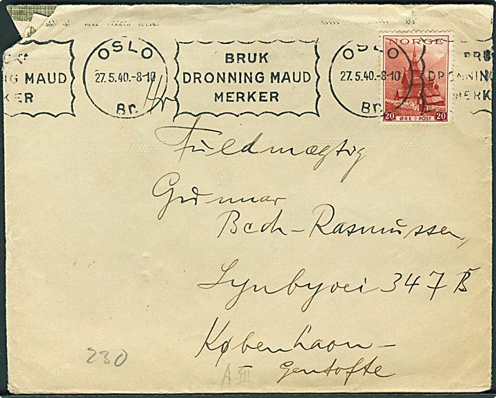 20 øre Turist udg. på brev fra Oslo d. 27.5.1940 til København, Danmark. Åbnet af tysk censur i Berlin el. Hamburg. Hjørne skade.
