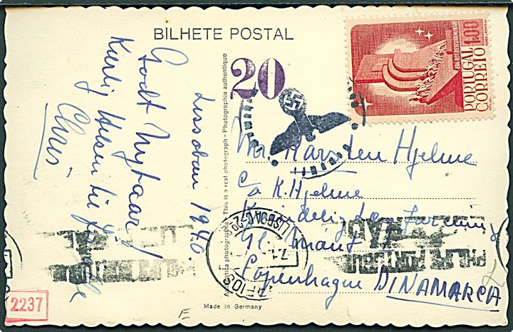 1$ single på brevkort fra Lissabon d. 7.1.1941 til København, Danmark. Tysk censur fra München.