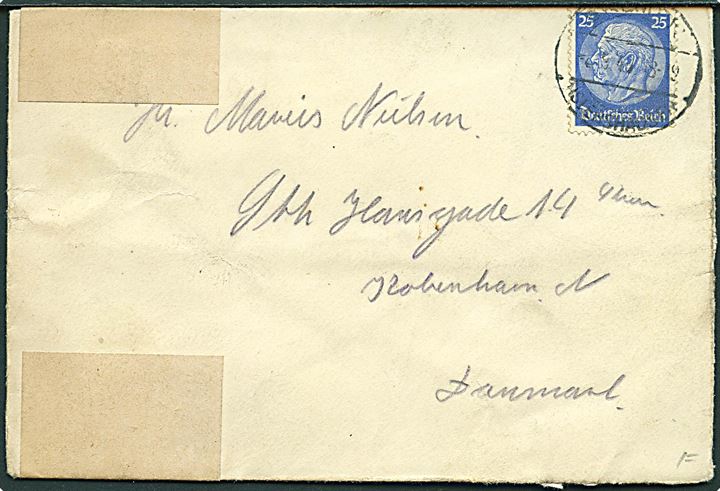 25 pfg. Hindenburg på brev fra dansk tysklandsarbejder på Weser Flugzeug Bau i Bremen d. 2.9.1940 til København, Danmark. Åbnet af tysk censur i Hamburg.