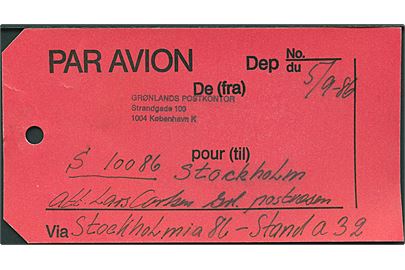 Luftpost Manila-mærke fra Grønlands Postkontor i København d. 5.9.1986 til Stockholm, Sverige.