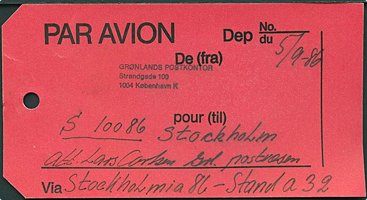 Luftpost Manila-mærke fra Grønlands Postkontor i København d. 5.9.1986 til Stockholm, Sverige.