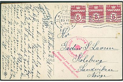 5 øre Bølgelinie (3) på brevkort stemplet Nakskov d. 23.2.1941 til Sandviken, Norge. Dansk censur og stempel Forsinket paa grund af manglende Afsenderangivelse.