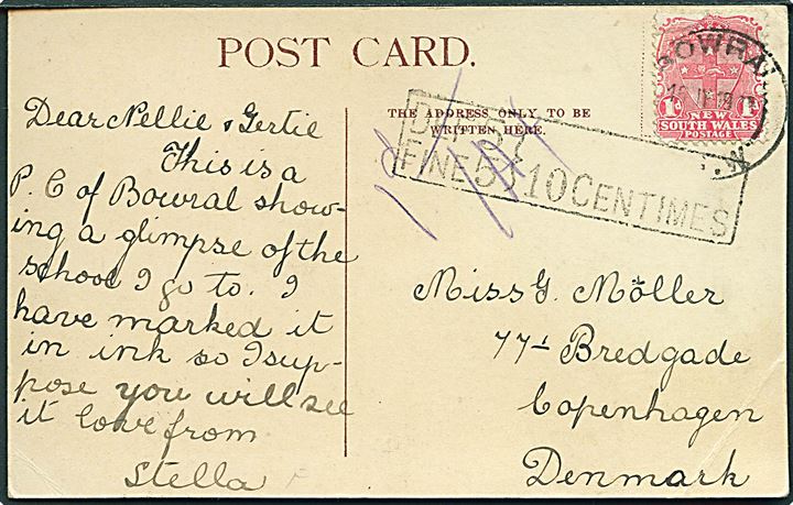 1d Våben på underfrankeret brevkort fra Bowral N.S.W. d. 16.7.19xx til København, Danmark. Portostempel: Due 5 / Fine 5 } 10 Centimes.