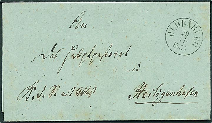 1855. Tjenestebrev mærket K.d.S. mit Attest med antiqua Oldenburg d. 29.11.1855 til Heiligenhafen.