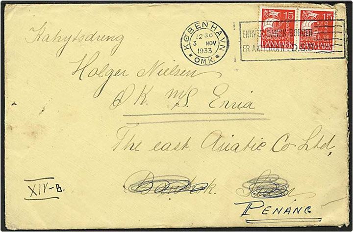 15 øre rød karavel på brev fra København d. 3.11.1933 til Bangkok, Siam. Omadresseret til Penang.