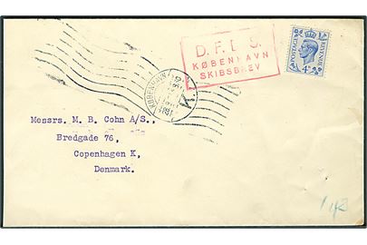 Engelsk 4d George VI på brev med rammestempel D.F.D.S. København Skibsbrev og sidestemplet med håndrulle stempel København d. 28.9.195x til København. Afkortet i venstre side.