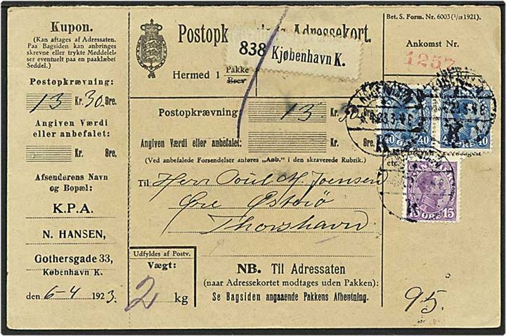 15 øre violet og 40 øre blå Chr. X på postopkrævning fra København d. 6.4.1923 til Thorshavn.