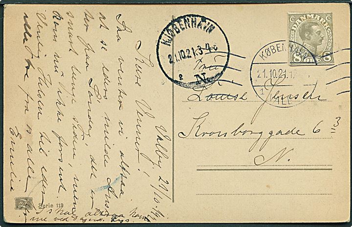 8 øre Chr. X helsagsafklip som frankering på lokalt brevkort i Kjøbenhavn d. 21.10.1921.