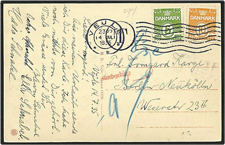 5 øre grøn og 10 øre orange bølgelinie på postkort fra Vejle d. 14.7.1935 til Berlin, Tyskland. Kortet sat i porto med 8½ cent.