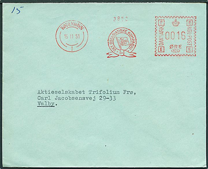 16 øre firmafranko fra Østasiatisk Kompagni på lokalbrev i København d. 15.11.1951.