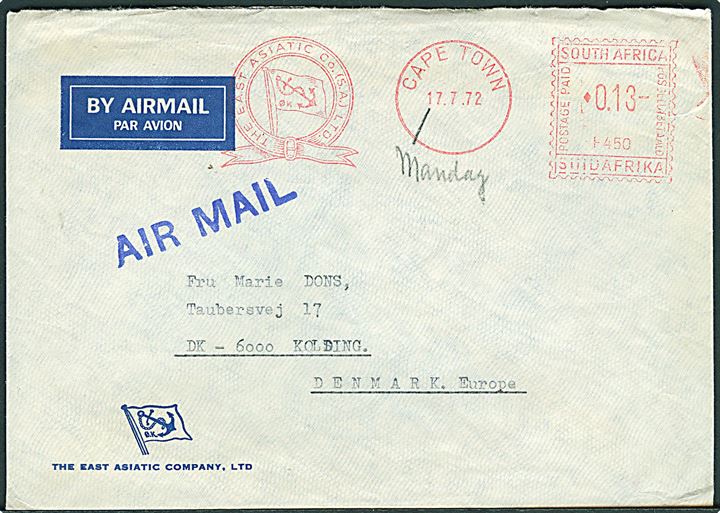 13d firmafranko fra The East Asiatic Co. (S.A.) Ltd. på luftpostbrev fra Cape Town d. 17.7.1972 til Kolding, Danmark.