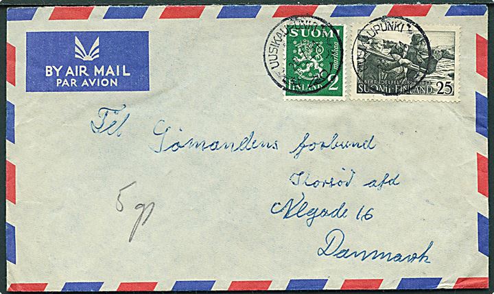 2 mk. Løve og 25 mk. Edelfelt på luftpostbrev fra Uusikaupunki d. 28.7.1954 til Korsør, Danmark. Fra sømand ombord på S/S Lise.