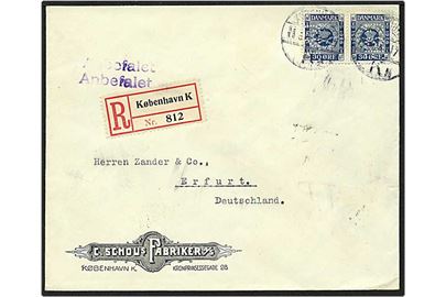 30 øre blå frimærkejubilæum på Rec. brev fra København d. 25.3.1926 til Erfurt, Tyskland. Mærkerne med perfin C57 - C. Schou.