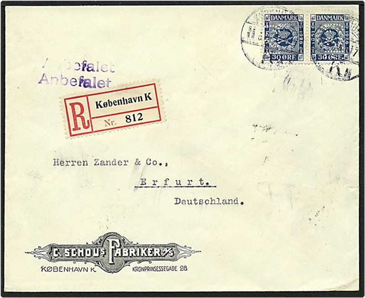 30 øre blå frimærkejubilæum på Rec. brev fra København d. 25.3.1926 til Erfurt, Tyskland. Mærkerne med perfin C57 - C. Schou.