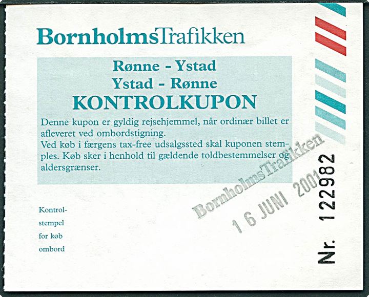BornsholmsTrafikken. Kontrolkupon Rønne-Ystad stemplet d. 16.6.2001.