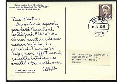 15 øre gråviolet Fr. IX på postkort fra Godthåb d. 11.3.1959 til USA. Brotypestempel DAKA 29 bro 12.
