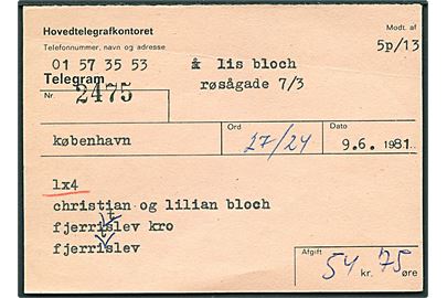 Hovedtelegrafkontoret. Telegram kvittering fra 1981.