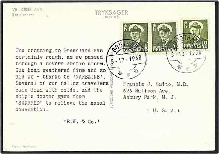 1 øre grønsort og 10 øre grøn Fr. IX på postkort fra Godthåb d. 5.12.1958 til USA. Denne fortrykte tekst med tilhørende fast stemple, er ikke registrered i DAKA.